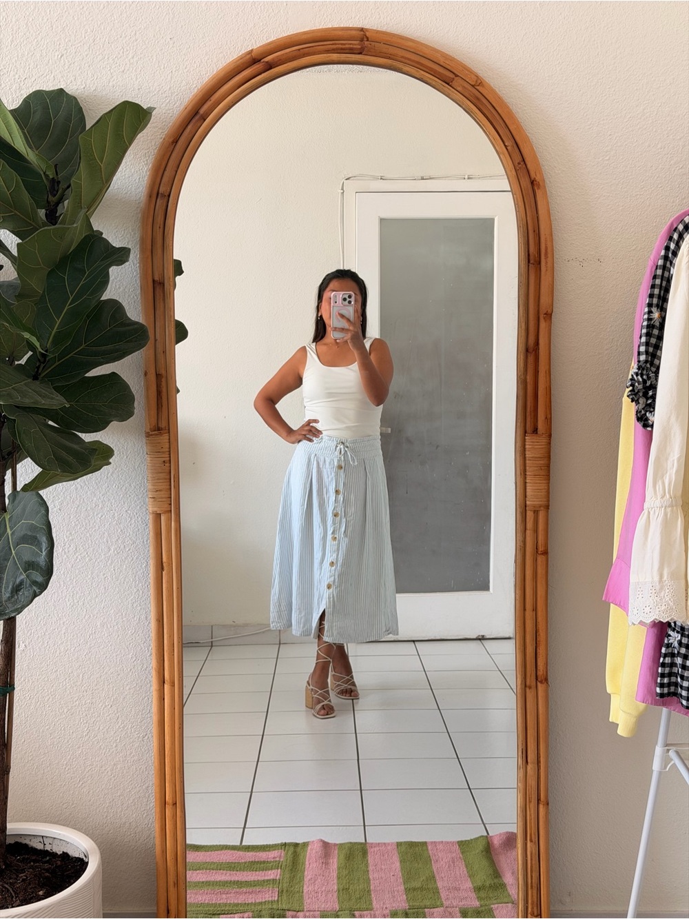 A new day Pale Blue Button-Front Midi Skirt with Tie Waist